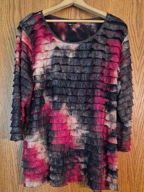 Pretty Pink Black Notations Woman Ruffled Top Sz  2X